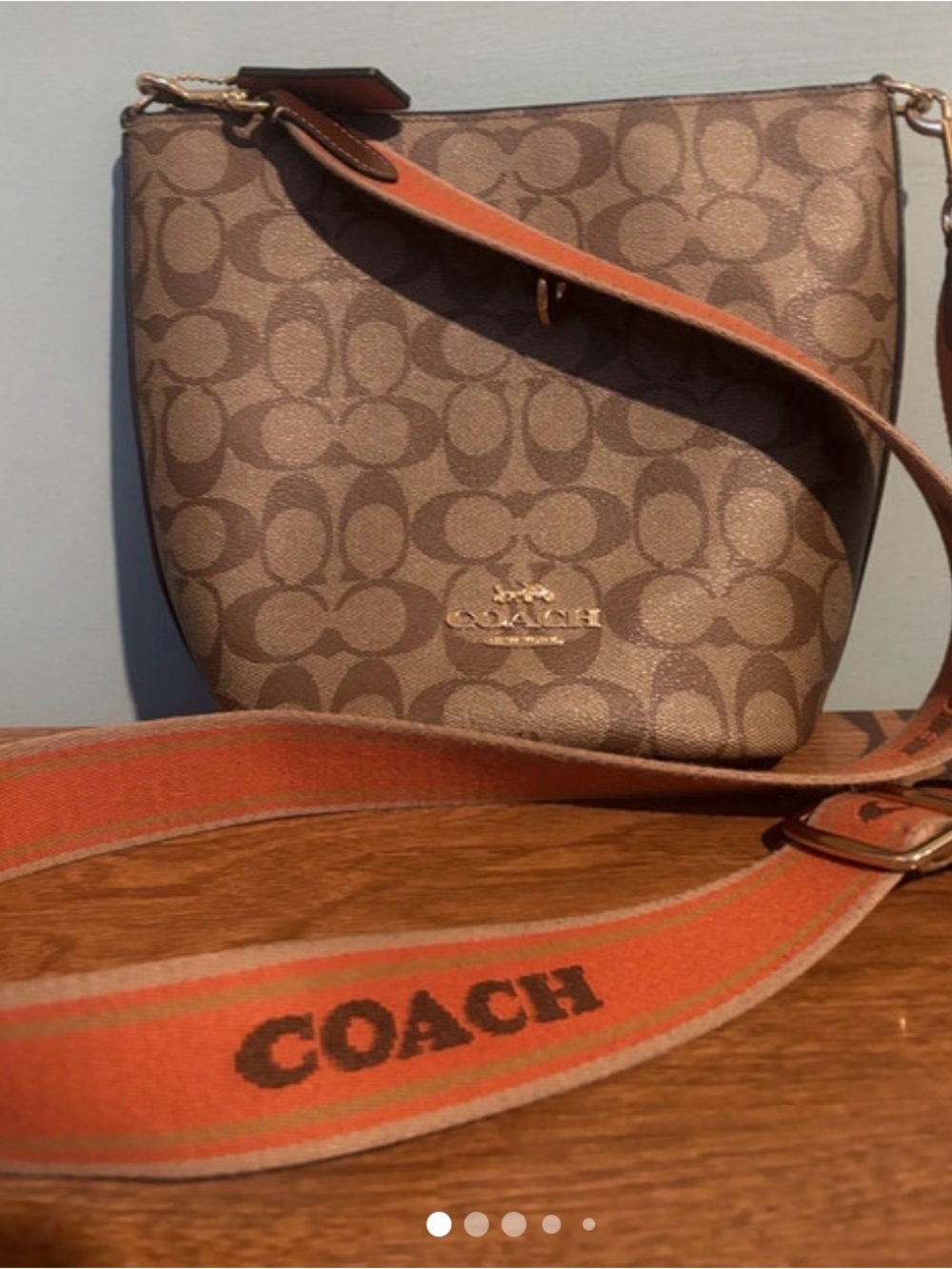 Coach Brown Signature Crossbody with Orange Strap